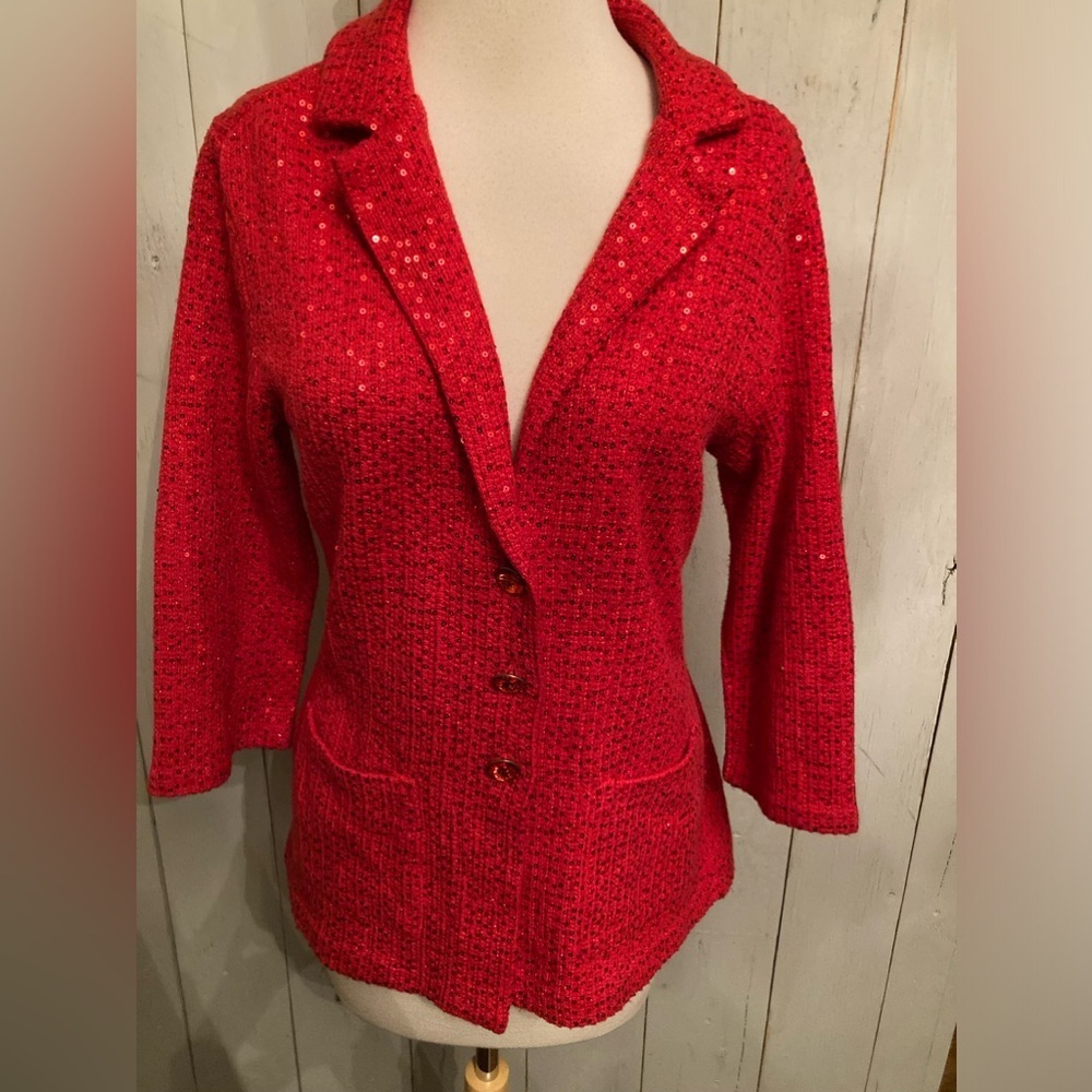 Eci New York Red Sequin Sweater Jeweled‎ Button Up Jacket Size Large Holiday